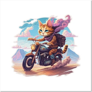 Cat riding a motorcycle in the desert Posters and Art